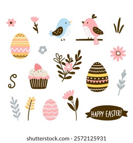 Set of cute Easter characters and elements. Easter bunny, chicks, eggs and flowers. Vector illustration.