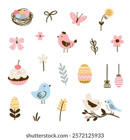 Set of cute Easter characters and elements. Easter bunny, chicks, eggs and flowers. Vector illustration.