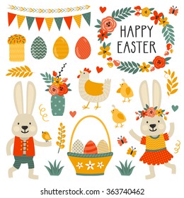 Set of cute Easter characters and elements. Happy Easter. Scrapbooking set of bright hand draw elements: basket with eggs, flowers, chicken, chicks, vase of flowers, Easter cake, wreath, cute bunny.