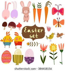 Set of cute Easter characters and elements. Happy Easter. Set of bright hand draw elements: basket with cute bunny,eggs, flowers and chicken.