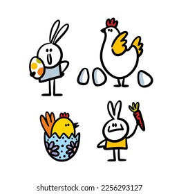 Set of cute Easter characters as hen, egs, rabbit and chicken hand drawn in doodle cartoon style. Vector collection of illustrations with animals and traditional spring hunting games on holiday.