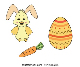 set of a cute Easter chicken bunny, a traditionally painted egg and a carrot