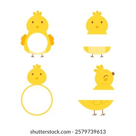 Set of cute Easter chicks monogram frame vector isolated on white background. Funny baby chicken clipart. Easter monogram frame. Hand drawn flat cartoon character