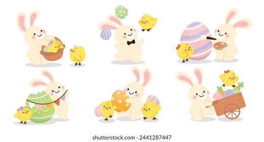 Set of cute easter chicks and rabbit vector. Happy Easter animal element with yellow chicks, lovely rabbit in different pose, easter egg, flower. Bunny character illustration design for clipart.