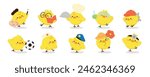 Set of cute easter chicks vector. Happy animal occupation with yellow chicks in different career, doctor, farmer, chef, teacher. Chicken character illustration design for clipart, sticker, card.