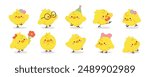 Set of cute easter chicks vector. Happy Easter animal element with yellow chicks in different pose, flower, egg, rabbit. Chicken character illustration design for clipart, sticker, decor, card.