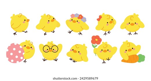 Set of cute easter chicks vector. Happy Easter animal element with yellow chicks in different pose, flower, egg, rabbit. Chicken character illustration design for clipart, sticker, decor, card.