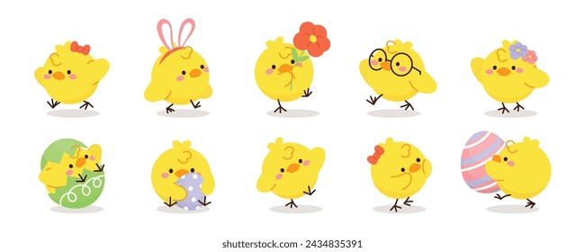 Set of cute easter chicks vector. Happy Easter animal element with yellow chicks in different pose, flower, egg, rabbit. Chicken character illustration design for clipart, sticker, decor, card.