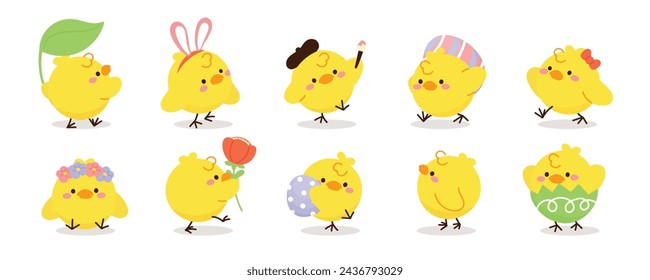 Set of cute easter chicks vector. Happy Easter animal element with yellow chicks in different pose, flower, egg, rabbit. Chicken character illustration design for clipart, sticker, decor, card.