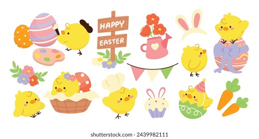 Set of cute easter chicks vector. Happy Easter animal element with yellow chicks in paint easter egg, rabbit, basket, flower. Chicken character illustration design for clipart, sticker, decor, card.