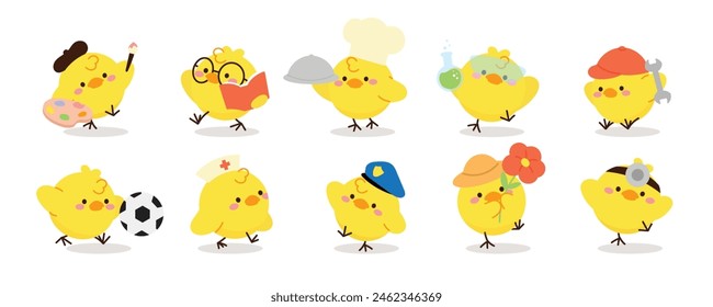 Set of cute easter chicks vector. Happy animal occupation with yellow chicks in different career, doctor, farmer, chef, teacher. Chicken character illustration design for clipart, sticker, card.