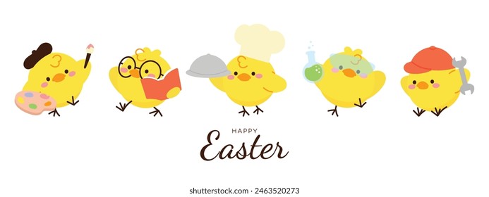 Set of cute easter chicks vector. Happy animal occupation with yellow chicks in different career, doctor, farmer, chef, teacher. Chicken character illustration design for clipart, sticker, card.