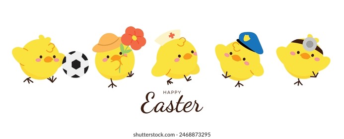 Set of cute easter chicks vector. Happy animal occupation with yellow chicks in different career, doctor, farmer, chef, police. Chicken character illustration design for clipart, sticker, card.