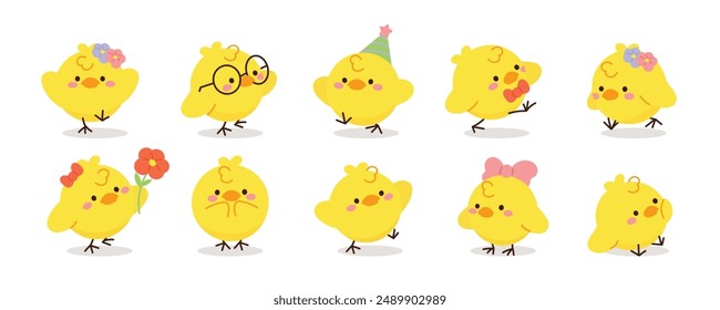 Set of cute easter chicks vector. Happy Easter animal element with yellow chicks in different pose, flower, egg, rabbit. Chicken character illustration design for clipart, sticker, decor, card.