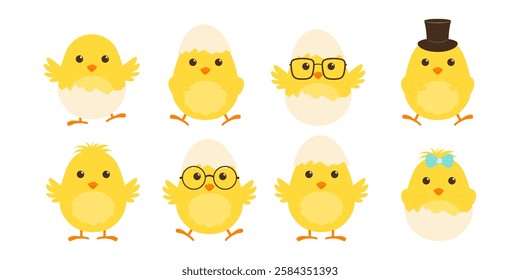 A set of cute Easter chicks. Vector illustration.