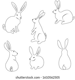 Set of cute easter contour rabbits isolated on a white background. Stock vector illustration for decoration and design, children's books and coloring, stickers, fabrics, packaging, cards, Happy Easter