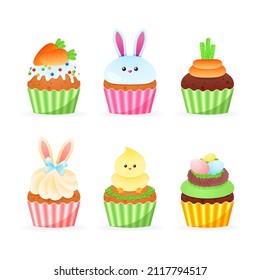 Set of cute Easter cupcake icons. Cartoon illustrations of sweets muffins decorated with glaze, birds, bunny ears, eggs, marzipan carrots and colorful sprinkles. Vector 10 EPS.