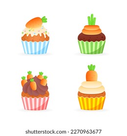 Juego de adorables iconos de quequitos de Pascua. Ilustración de caricatura de un gracioso muffins dulce para niños adornados con crema y zanahorias pequeñas. Vector 10 EPS.