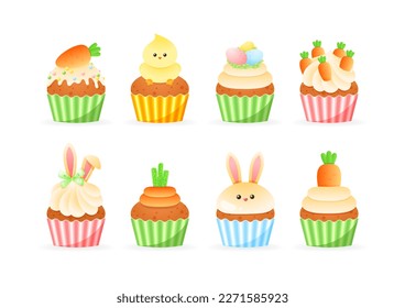 Juego de adorables iconos de quequitos de Pascua. Cuidadas ilustraciones de divertidos muffins dulces con decoración infantil aislada en un fondo blanco. Vector 10 EPS.
