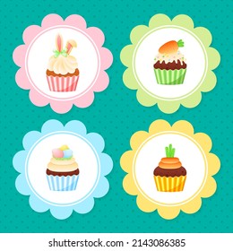 Un juego de quequitos adorables de Pascua. Brillante caricatura ilustrativa de muffins dulces con decoraciones primaverales. Vector 10 EPS.