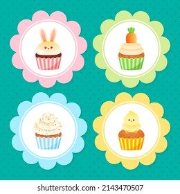 Un juego de quequitos adorables de Pascua. Brillante caricatura ilustrativa de muffins dulces con decoraciones primaverales. Vector 10 EPS.