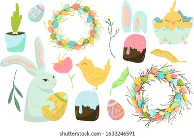 Set of cute Easter design elements: bunny, chicks,  eggs isolated on white background.Vector illustration, clip art, collection object, decorating postcard, invation,print