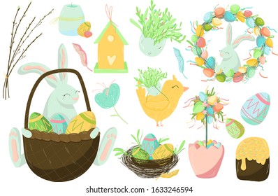 Set of cute Easter design elements: bunny, chicks,  eggs isolated on white background.Vector illustration, clip art, collection object, decorating postcard, invation,print