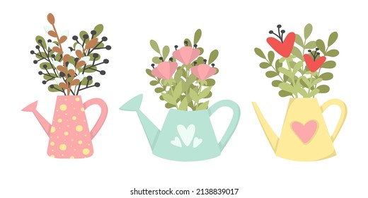 Conjunto de adorables elementos de diseño de Pascua. Flores en una lata de agua. Ilustración vectorial. Es fácil cambiar de color.