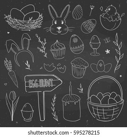 Set of cute Easter doodles hand drawn on a chalkboard, vector festive illustration. 