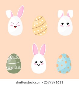 A set of cute Easter eggs and bunnies in vector format. Designed in soft pastel tones, perfect for greeting cards, invitations, children’s products, and festive decorations.