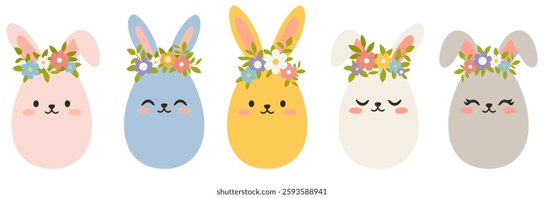 Set of cute Easter eggs with bunny ears and flower wreath