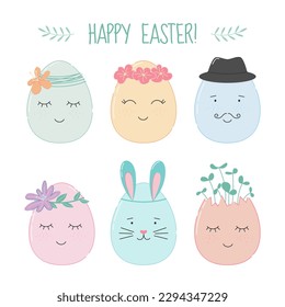 Set of cute Easter eggs characters with smiley faces in flat style. Decorated festive colorful eggs. Vector illustration isolated on white background