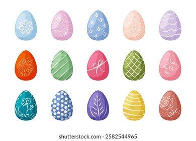 Set of cute Easter eggs. Collection of 15 painted eggs with various patterns. Easter decorations. Vector illustration.