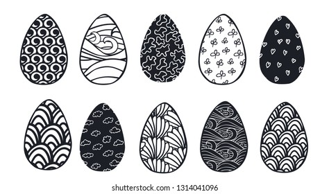 Set of cute Easter eggs with different patterns of lovely clouds, shells, hearts, herbs, blots and sea waves. Black and white objects