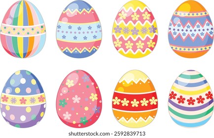 Set of cute Easter eggs drawing clipart. Happy easter egg flat clip art collection in colorful and multicolored paint art for traditional hunting celebration. Vector illustration.