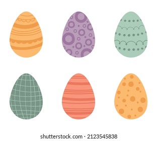 Set cute Easter eggs in flat style. Illustration colorful minimalistic eggs with abstract pattern in pastel colors. Vector
