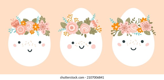 Set cute Easter eggs in pastel colors. Illustration Easter eggs characters with wreaths of flowers. Vector