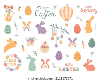 Set cute Easter eggs, rabbits and lettering in pastel colors. Illustration with text Happy Easter and Welcome spring. Collection with air balloon, envelope and basket with eggs. Vector