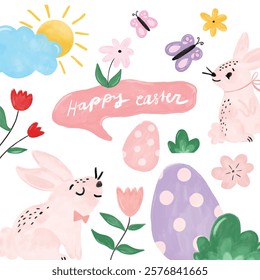 set cute easter element collection rabbit bunny pastel color butterfly garden colorful eggs pattern decoration rose flowers