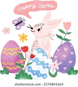 set cute easter element rabbit bunny with pattern eggs pastel colorful greeting card design illustration