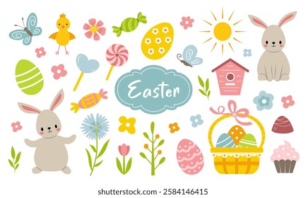 Set of cute easter elements. Easter bunnies, eggs and flowers are hand drawn. Isolated on white background.