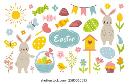 Set of cute easter elements. Easter bunnies, eggs and flowers are hand drawn. Isolated on white background.