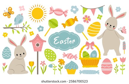 Set of cute easter elements. Easter bunnies, eggs and flowers are hand drawn. Isolated on white background.