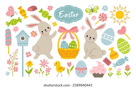 Set of cute easter elements. Easter bunnies, eggs and flowers are hand drawn. Isolated on white background.