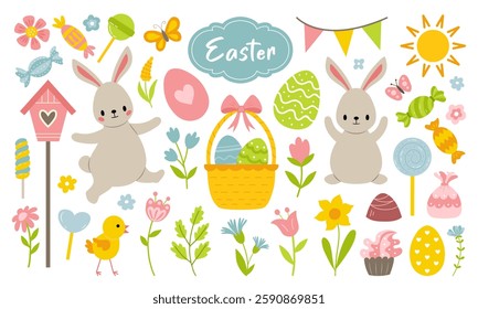 Set of cute easter elements. Easter bunnies, eggs and flowers are hand drawn. Isolated on white background.