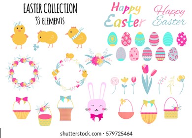 Set of cute Easter elements: chicks, eggs, baskets, easter bunny, flowers and wreaths. Vector illustration.