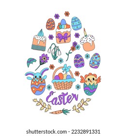 Set of cute Easter elements hand-drawn in the style of doodles and isolated on a white background. Vector illustration in the form of an Easter egg consisting of designer drawings of festive elements
