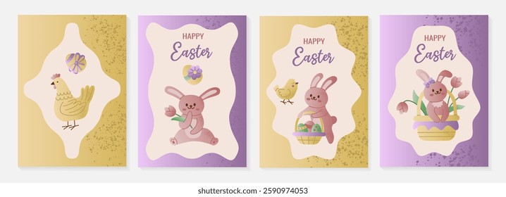 Set of cute Easter greeting card templates featuring bunnies, chicks, eggs, and flowers in soft pastel colors, ideal for festive designs and seasonal celebrations.