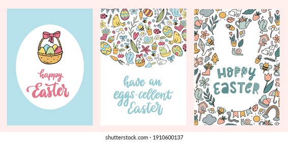 set of cute easter greeting cards, posters, prints decorated with hand drawn doodles and lettering quotes.