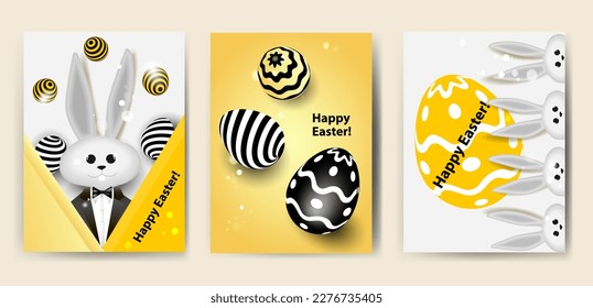 set of cute Easter greeting cards with a rabbit in a tuxedo, lots of colored eggs. In a white and yellow palette